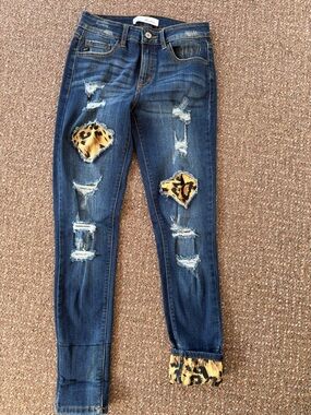 KanCan Dark Blue Distressed Skinny Jeans with Leopard Trim